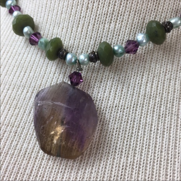 Artisan Fluorite, Pearl and Jade Sterling Necklace - Picture 7 of 8